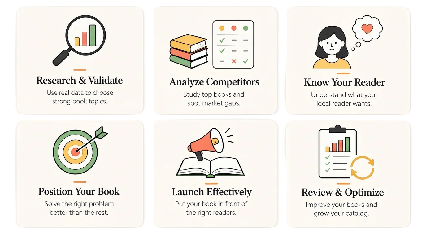 The six pillars of a winning self-publishing strategy: researching and validating your topic, analyzing competitor books, understanding your ideal reader, positioning your book, launching to the right readers, and reviewing and optimizing your catalog.